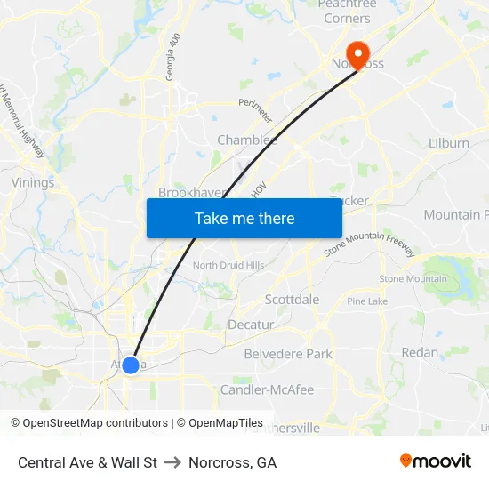 Central Ave & Wall St to Norcross, GA map
