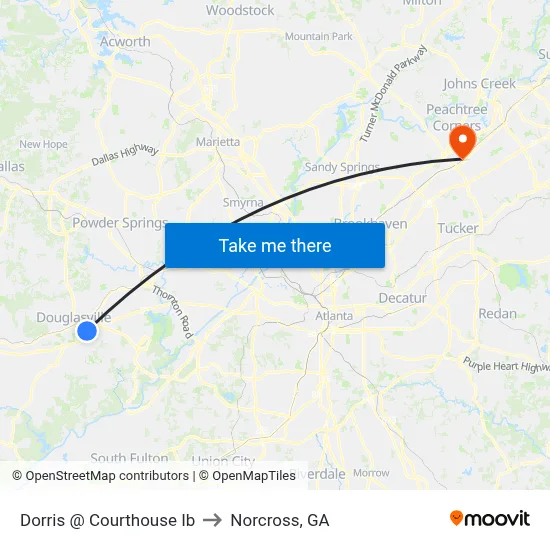 Dorris @ Courthouse Ib to Norcross, GA map