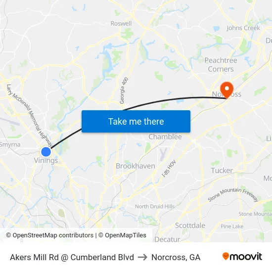 Akers Mill Rd @ Cumberland Blvd to Norcross, GA map