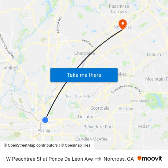 W Peachtree St at Ponce De Leon Ave to Norcross, GA map