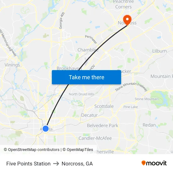 Five Points Station to Norcross, GA map