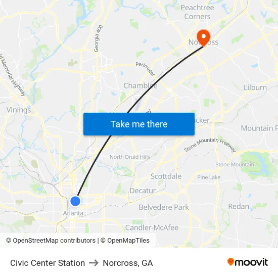 Civic Center Station to Norcross, GA map