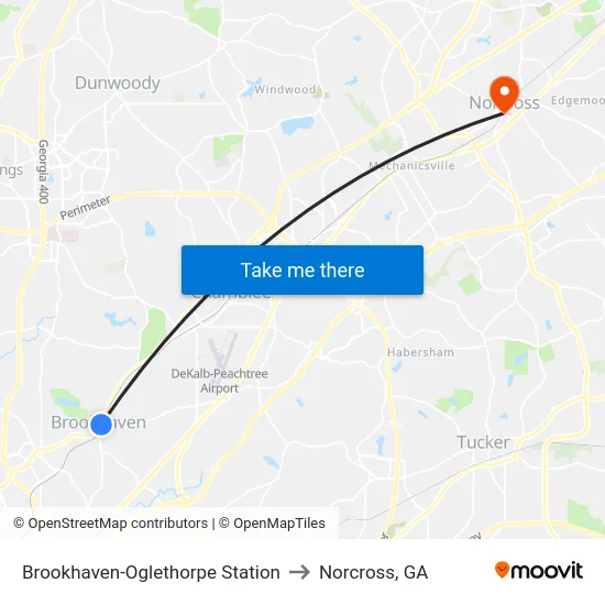 Brookhaven-Oglethorpe Station to Norcross, GA map