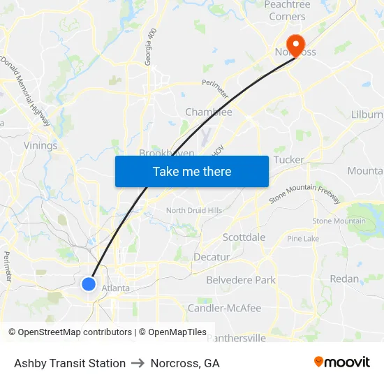 Ashby Transit Station to Norcross, GA map