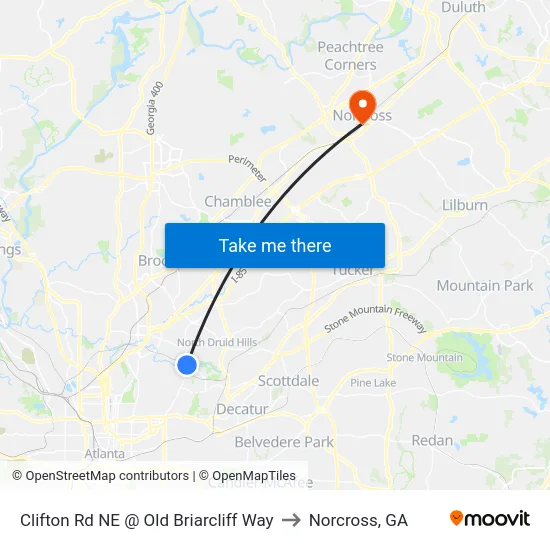 Clifton Rd NE @ Old Briarcliff Way to Norcross, GA map