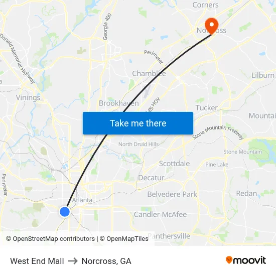 West End Mall to Norcross, GA map