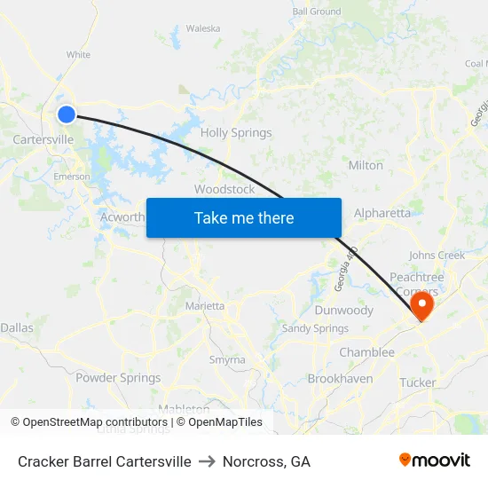 Cracker Barrel Cartersville to Norcross, GA map