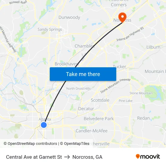Central Ave at Garnett St to Norcross, GA map