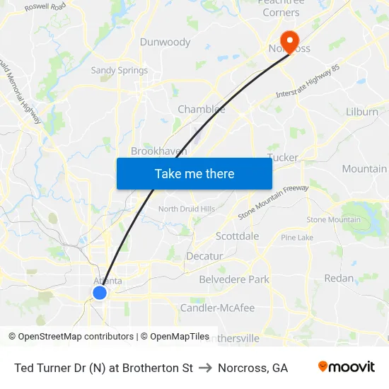 Ted Turner Dr (N) at Brotherton St to Norcross, GA map