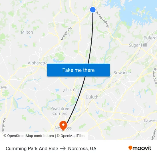 Cumming Park And Ride to Norcross, GA map
