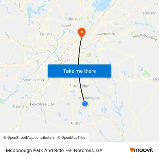 Mcdonough Park And Ride to Norcross, GA map