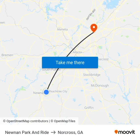Newnan Park And Ride to Norcross, GA map