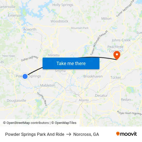 Powder Springs Park And Ride to Norcross, GA map
