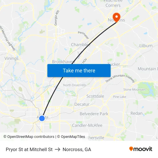 Pryor St at Mitchell St to Norcross, GA map