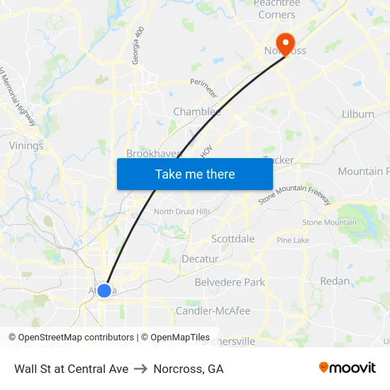 Wall St at Central Ave to Norcross, GA map