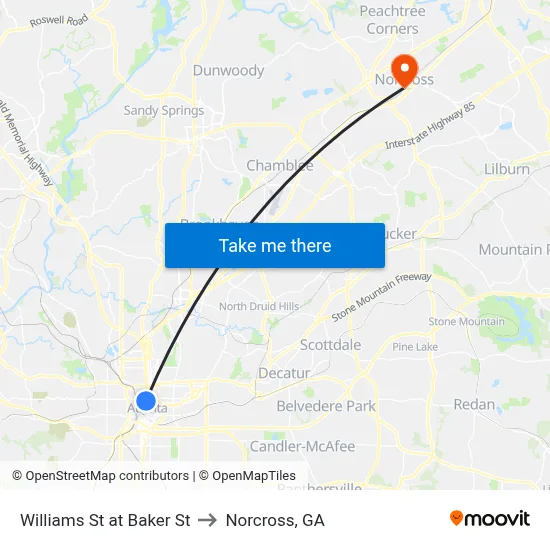 Williams St at Baker St to Norcross, GA map