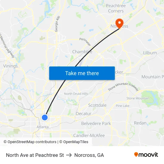 North Ave at Peachtree St to Norcross, GA map