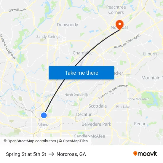 Spring St at 5th St to Norcross, GA map