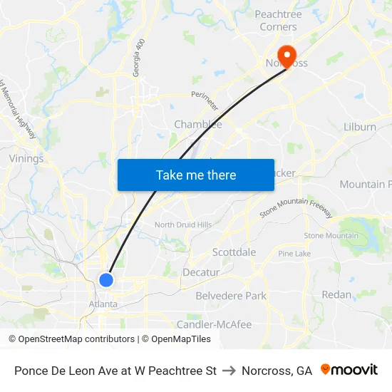Ponce De Leon Ave at W Peachtree St to Norcross, GA map