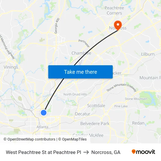 West Peachtree St at Peachtree Pl to Norcross, GA map