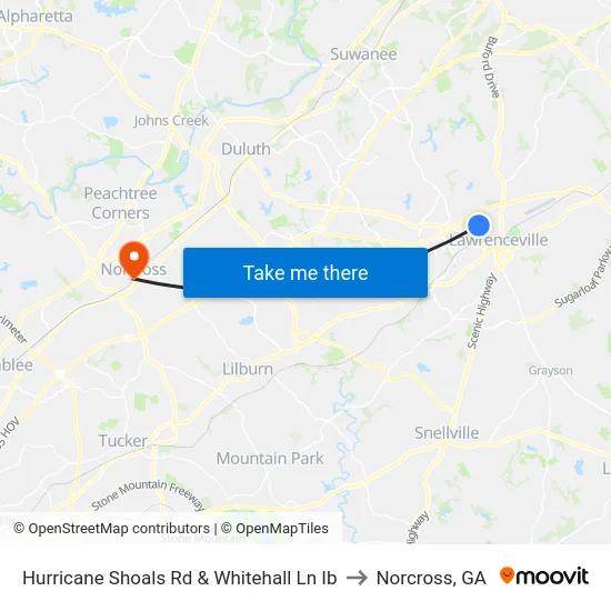 Hurricane Shoals Rd & Whitehall Ln Ib to Norcross, GA map