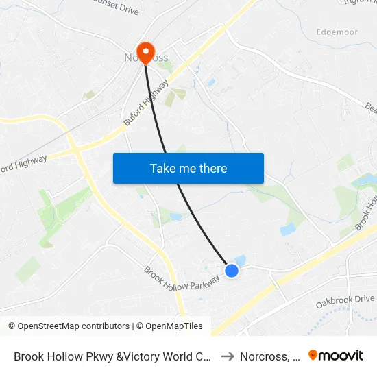 Brook Hollow Pkwy &Victory World Church to Norcross, GA map