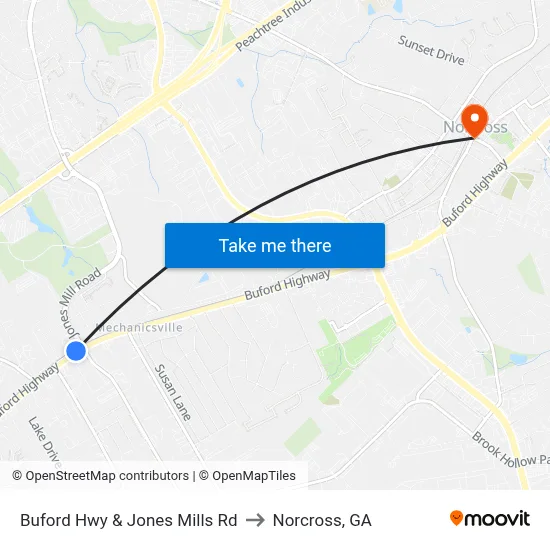 Buford Hwy & Jones Mills Rd to Norcross, GA map