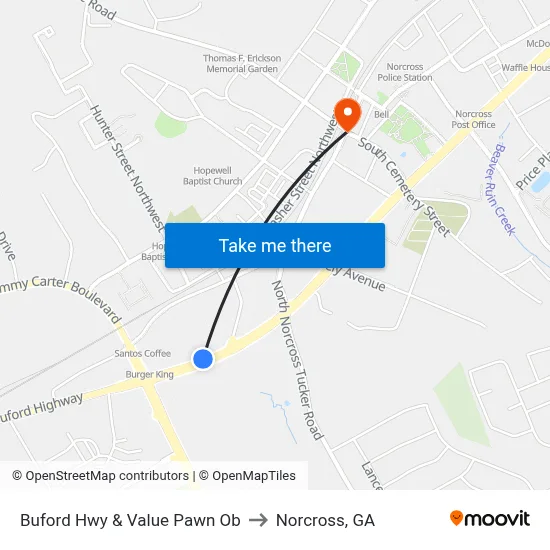 Buford Hwy & Value Pawn Ob to Norcross, GA map