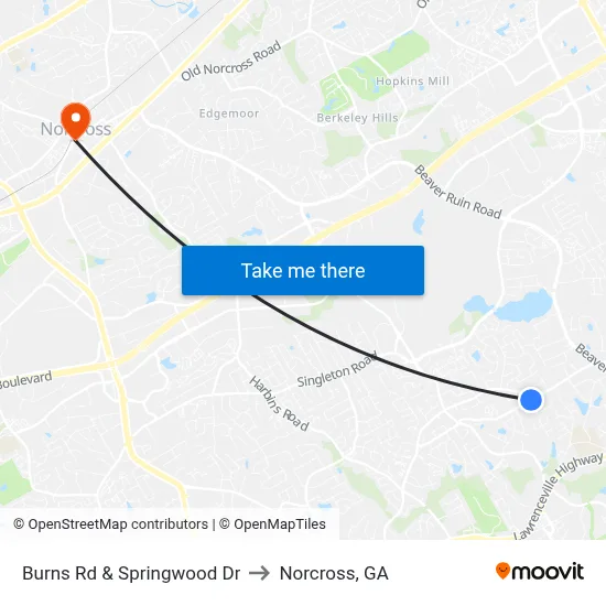 Burns Rd & Springwood Dr to Norcross, GA map