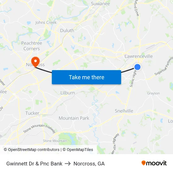 Gwinnett Dr & Pnc Bank to Norcross, GA map
