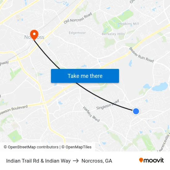 Indian Trail Rd & Indian Way to Norcross, GA map