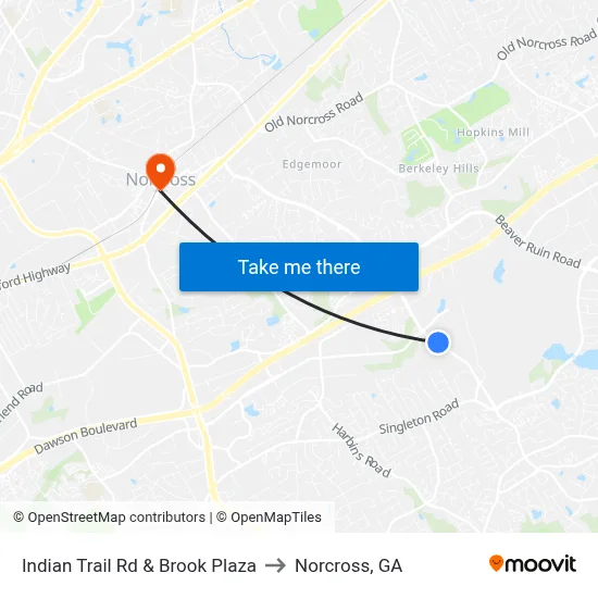 Indian Trail Rd & Brook Plaza to Norcross, GA map