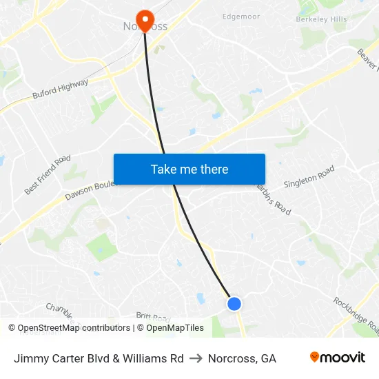 Jimmy Carter Blvd & Williams Rd to Norcross, GA map