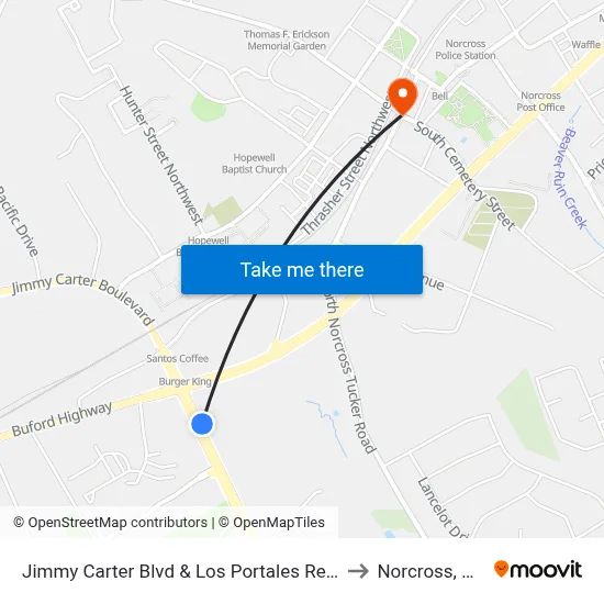 Jimmy Carter Blvd & Los Portales Rest to Norcross, GA map