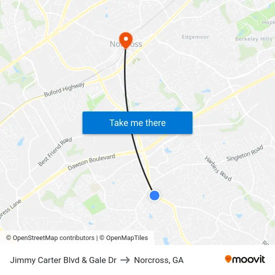 Jimmy Carter Blvd & Gale Dr to Norcross, GA map