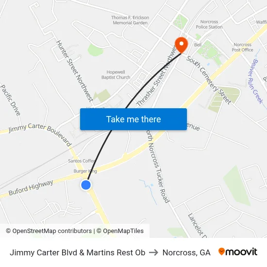 Jimmy Carter Blvd & Martins Rest Ob to Norcross, GA map