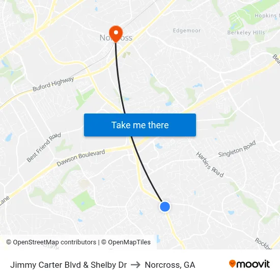 Jimmy Carter Blvd & Shelby Dr to Norcross, GA map