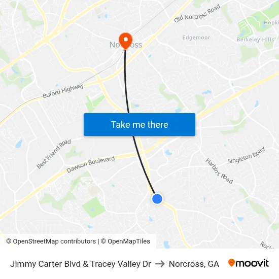 Jimmy Carter Blvd & Tracey Valley Dr to Norcross, GA map