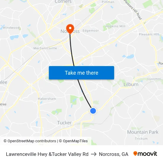 Lawrenceville Hwy &Tucker Valley Rd to Norcross, GA map