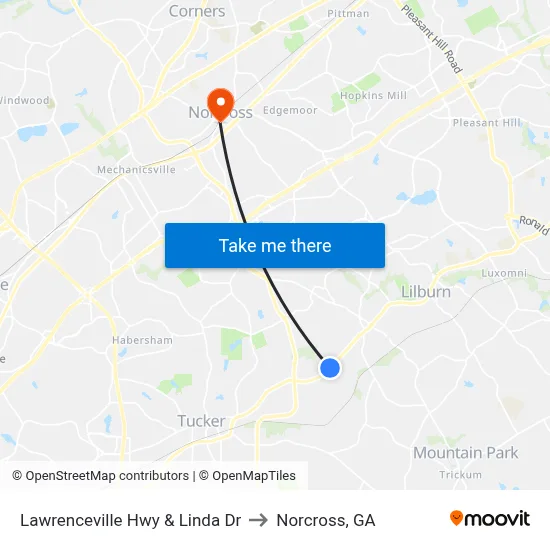 Lawrenceville Hwy & Linda Dr to Norcross, GA map