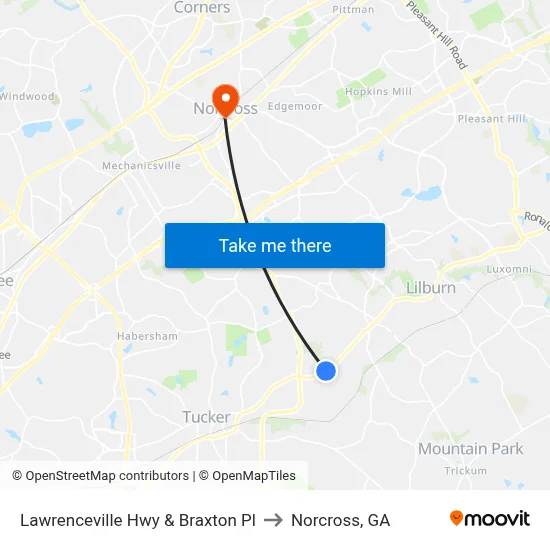 Lawrenceville Hwy & Braxton Pl to Norcross, GA map