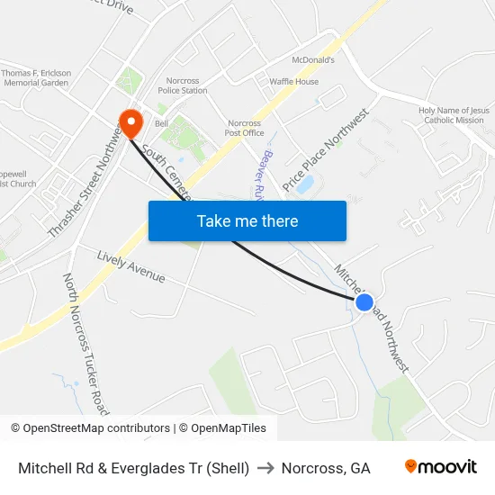 Mitchell Rd & Everglades Tr (Shell) to Norcross, GA map
