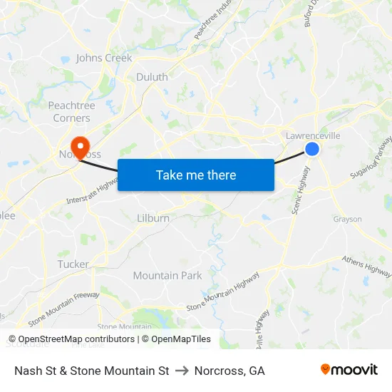 Nash St & Stone Mountain St to Norcross, GA map