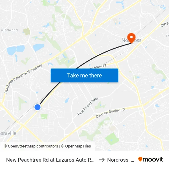 New Peachtree Rd at Lazaros Auto Rep Ib to Norcross, GA map