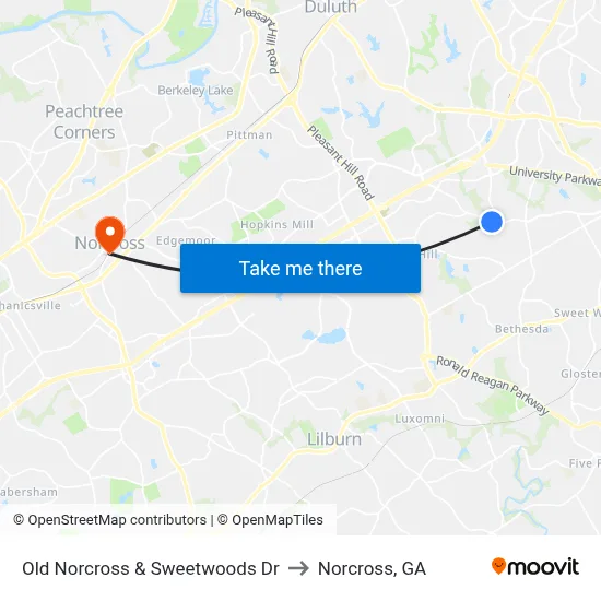 Old Norcross & Sweetwoods Dr to Norcross, GA map