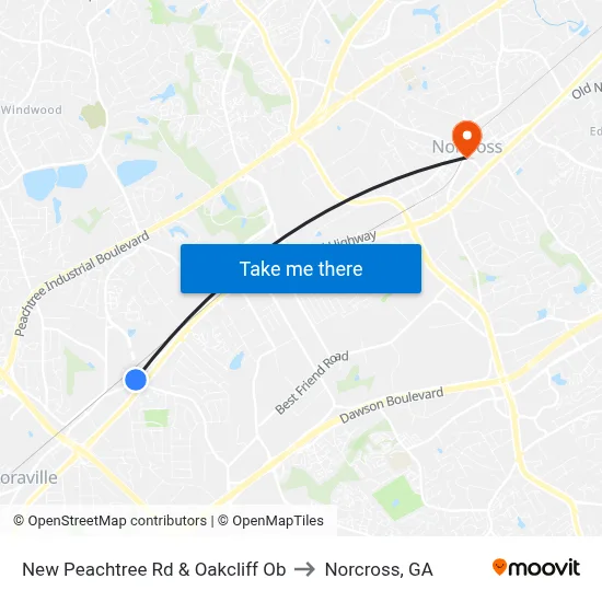 New Peachtree Rd & Oakcliff Ob to Norcross, GA map