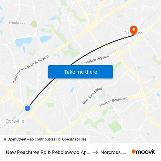 New Peachtree Rd & Pebblewood Apts to Norcross, GA map