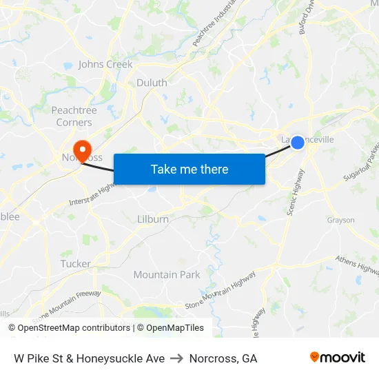 W Pike St & Honeysuckle Ave to Norcross, GA map