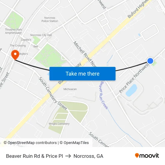 Beaver Ruin Rd & Price Pl to Norcross, GA map