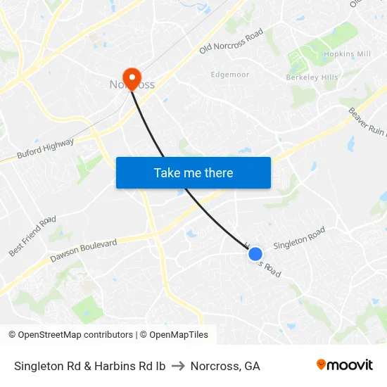 Singleton Rd & Harbins Rd Ib to Norcross, GA map